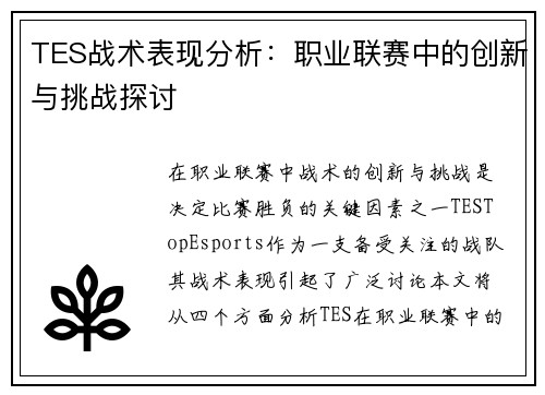 TES战术表现分析：职业联赛中的创新与挑战探讨